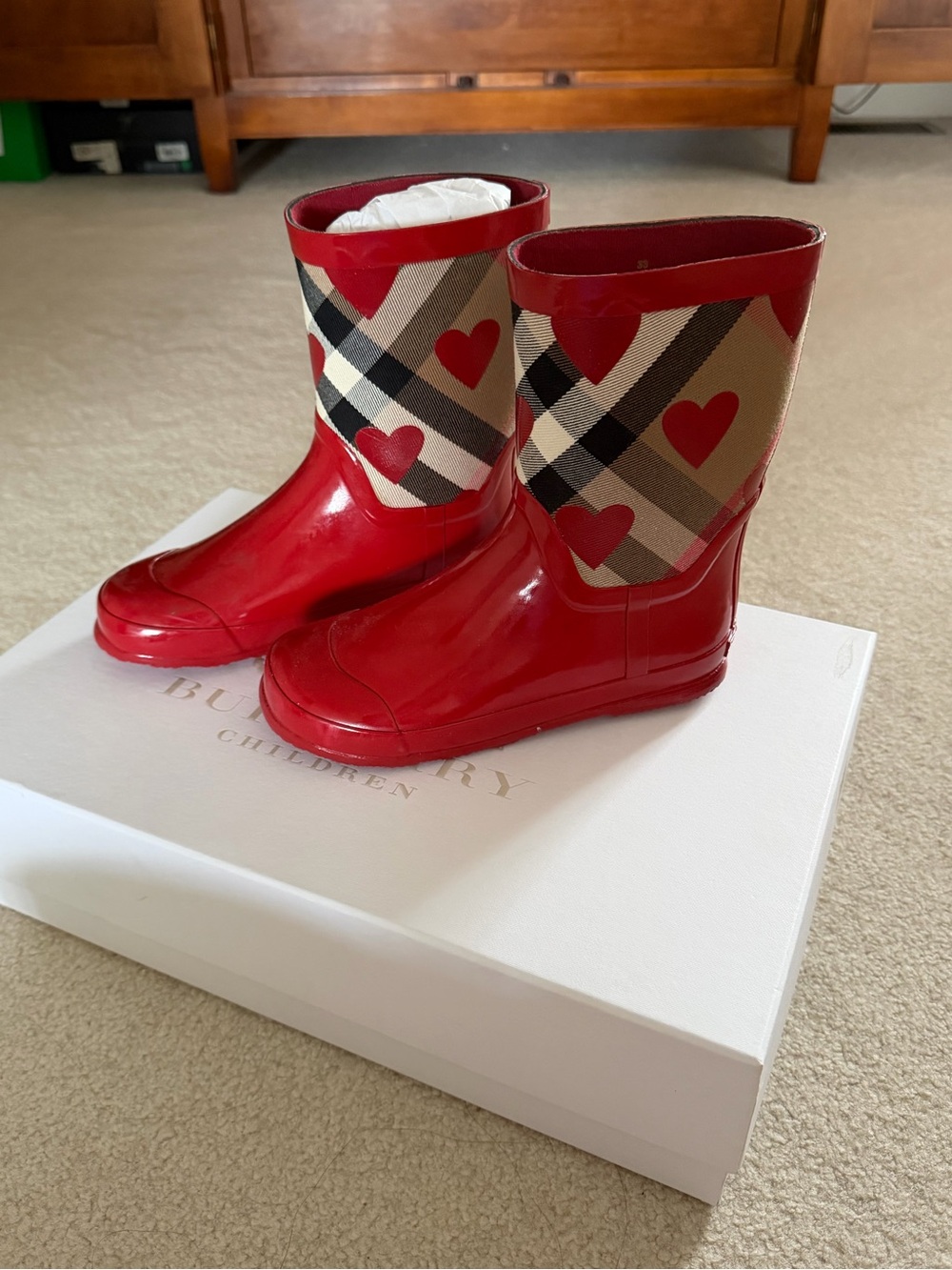 Burberry Kids Red Plaid Heart Rain Boots